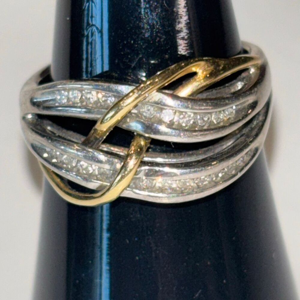 2 tone 14k yellow gold & 925 silver infinity twist knot ring w/diamonds Sz 7 - Picture 4 of 10